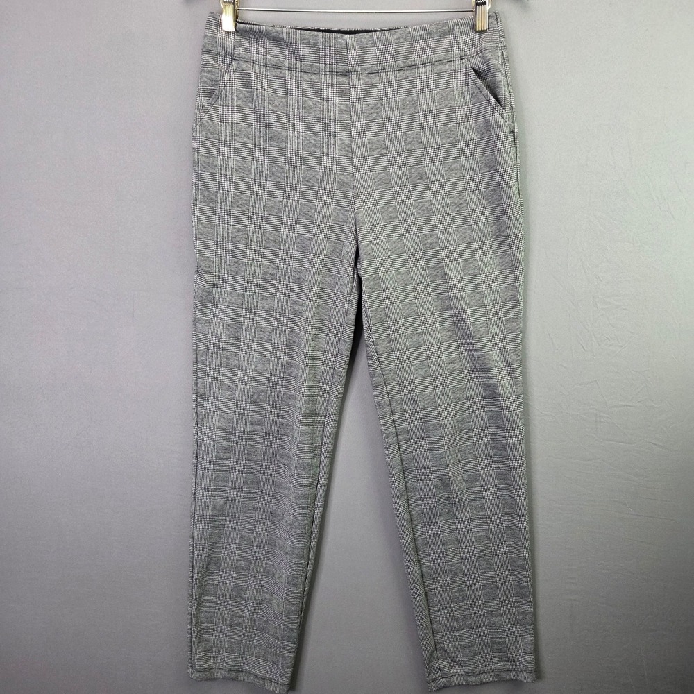 Max Studio Pants Womens Large Black White Glen Plaid Pull On Stretch Tapered Leg
